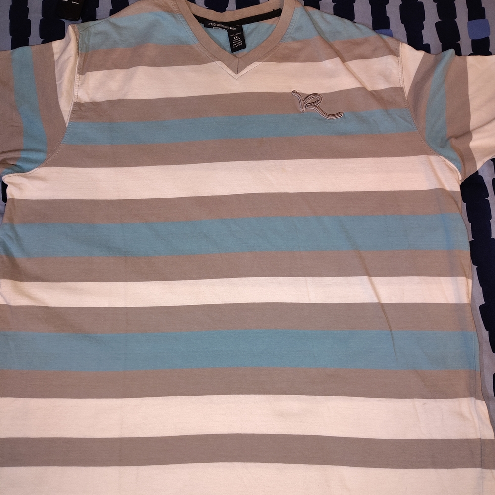 Rocawear Blue and Tan Striped V-Neck Tee